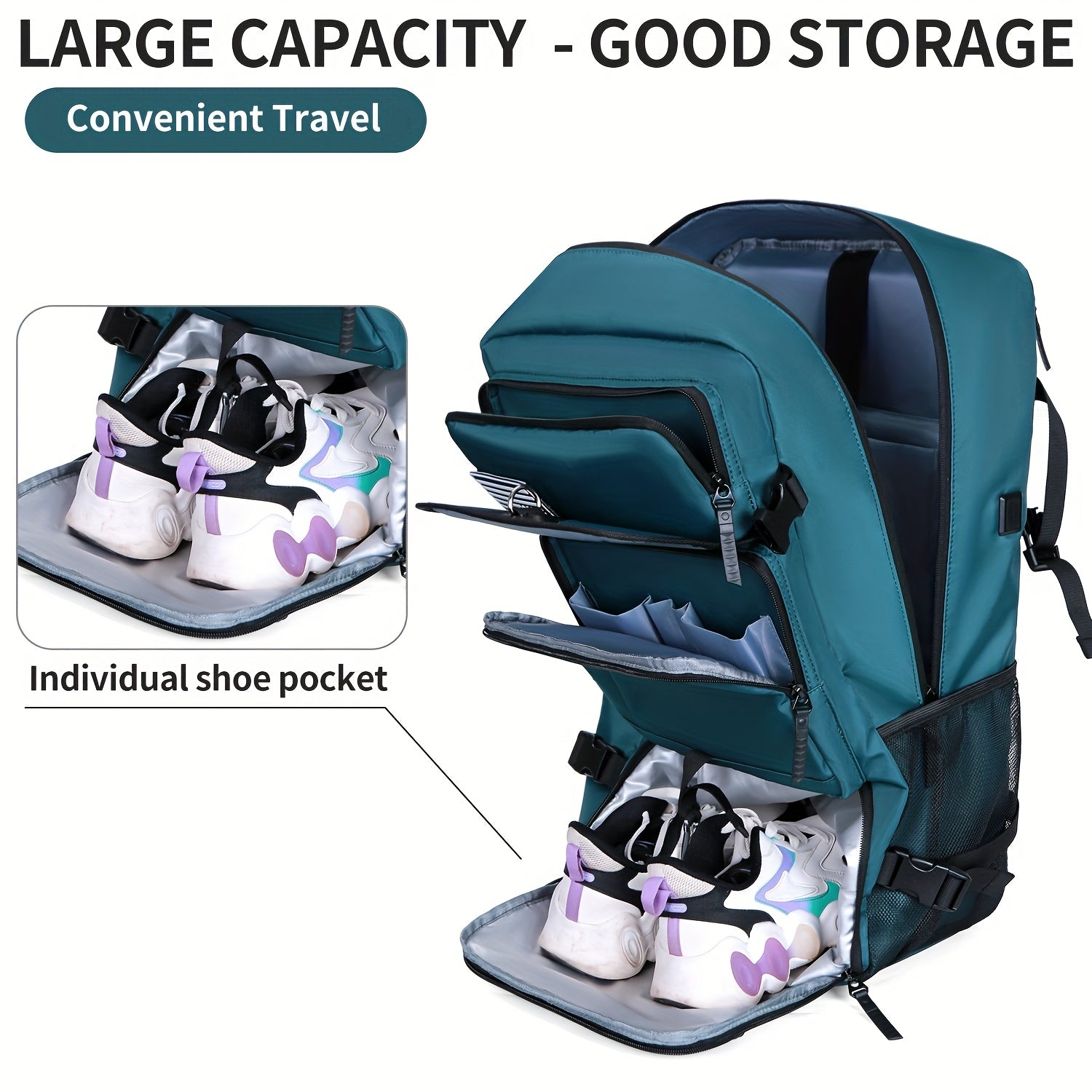 Lightweight Travel Backpack, Polyester Lining, Adjustable Straps, USB Charging, With Shoe Compartment, Zip Closure, Unisex Outdoor Camping Backpacks