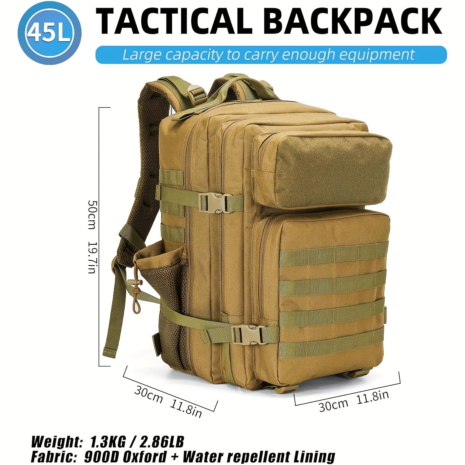 Military 45L Tactical Assault Backpack 3 day assault pack with Molle Waterproof backpack Khaki