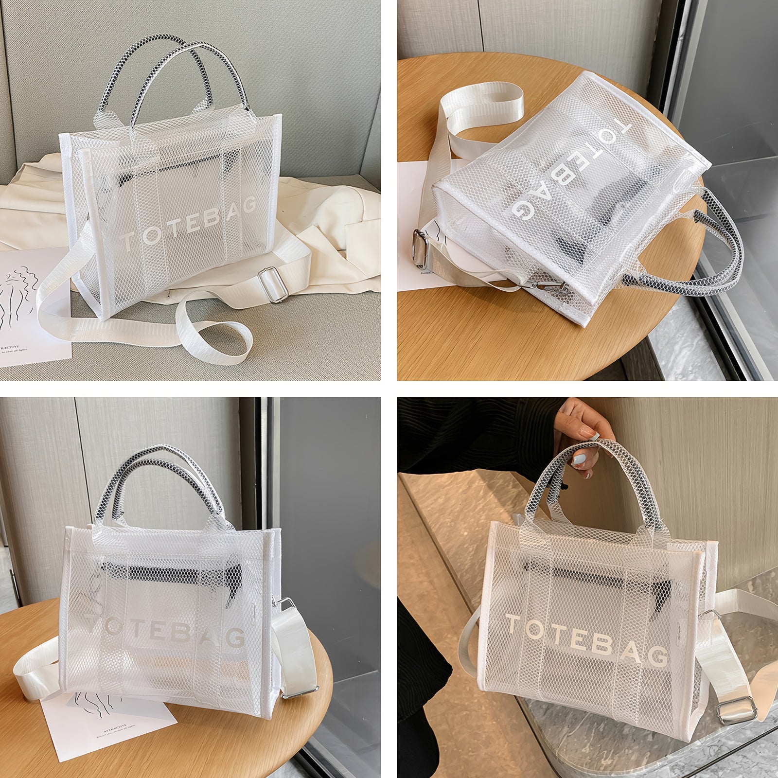 Stylish Transparent PVC Tote Bag with Crystal Detail – White Mesh Shoulder Handbag for Beach, Travel, and City Outings, City Shoulder Bag | Modern Handbag | Detachable Strap Bag