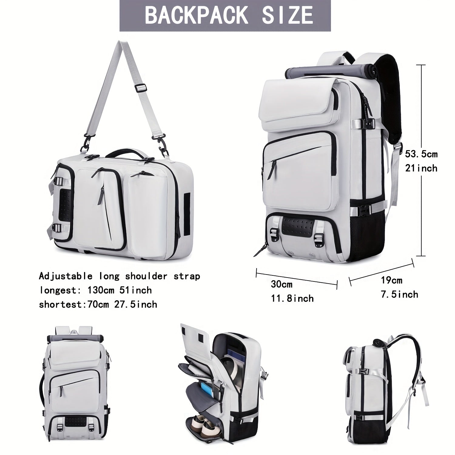 Travel Backpack for Women Men Carry On Backpack fits 16” Laptop Waterproof Convertible Backpack with Shoe Compartment (Grey)