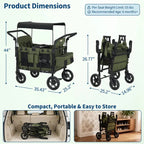 Green wagon with dimensions and storage information on a light blue background