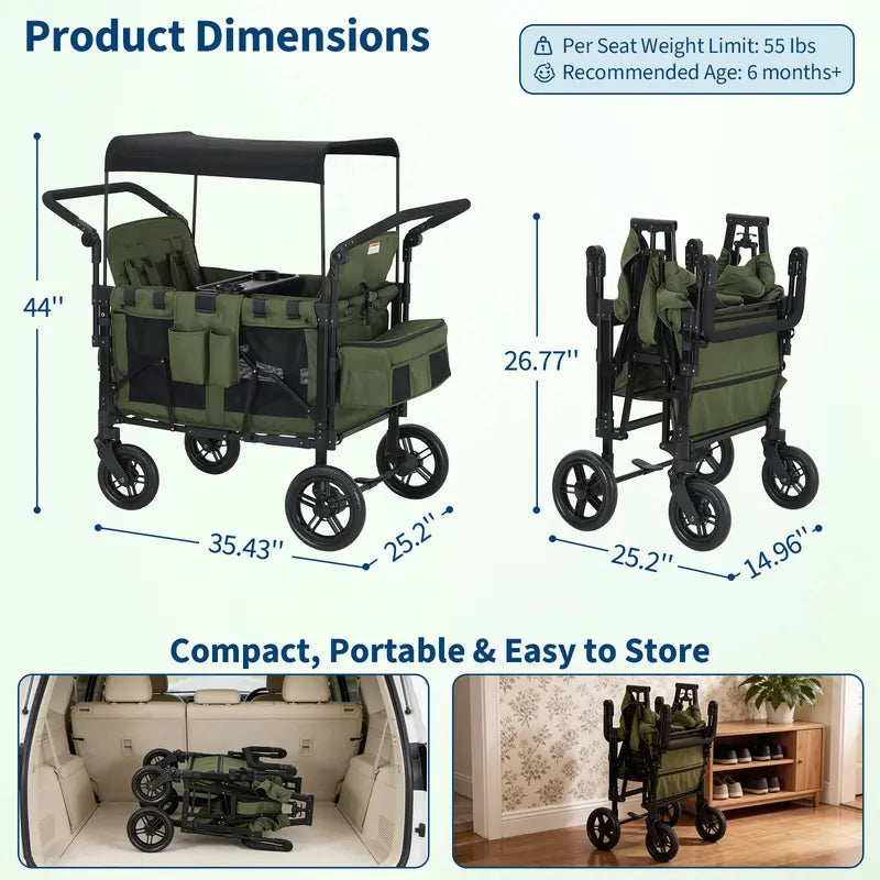 Green wagon with dimensions and storage information on a light blue background