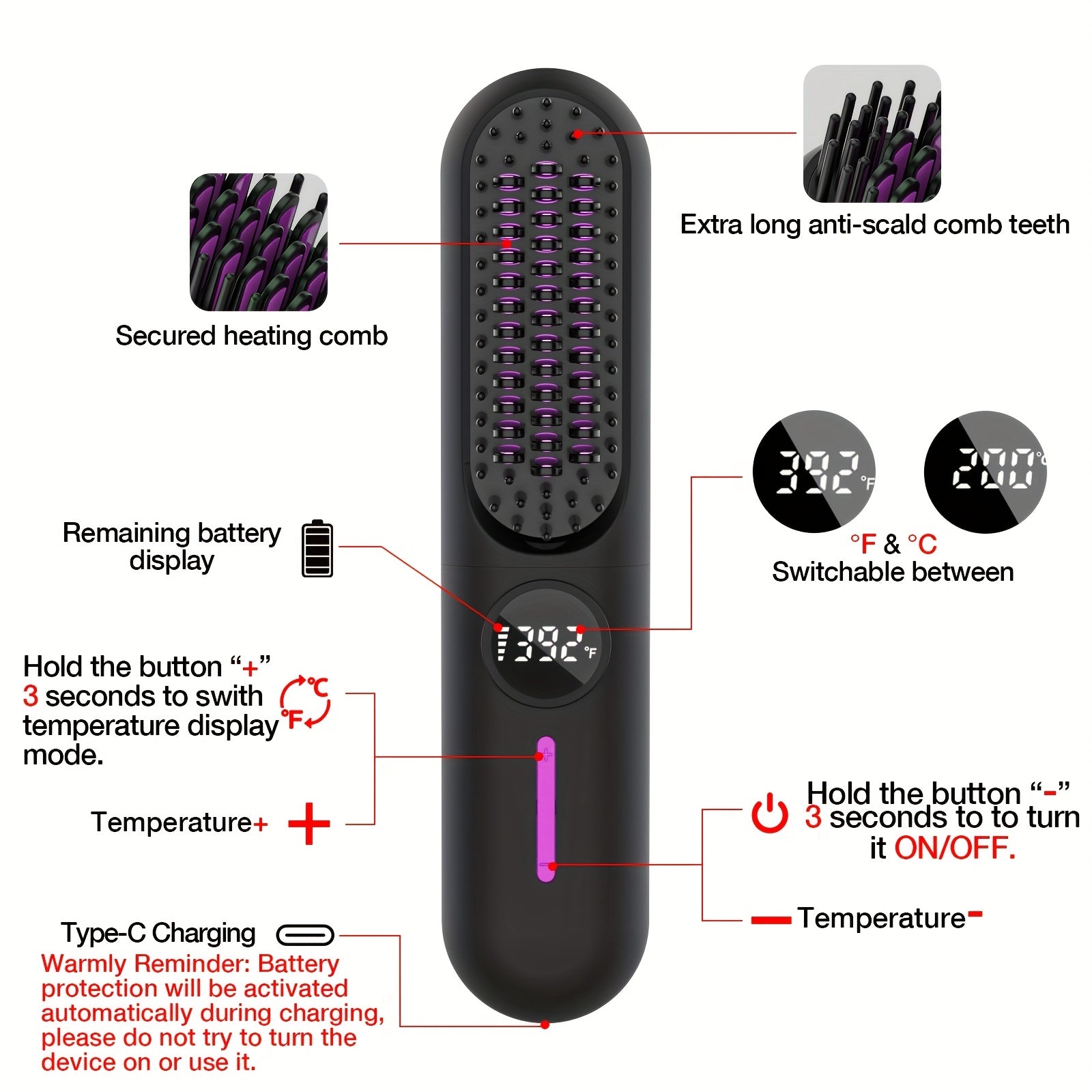 Cordless Hair Straightener for Travel,Mini Hair Straightener Comb with Negative Ion,Portable hot Brush Hair Straightener for Women, Rechargeable 9600mAh Battery, Anti-Scald,12 Temp-Setting