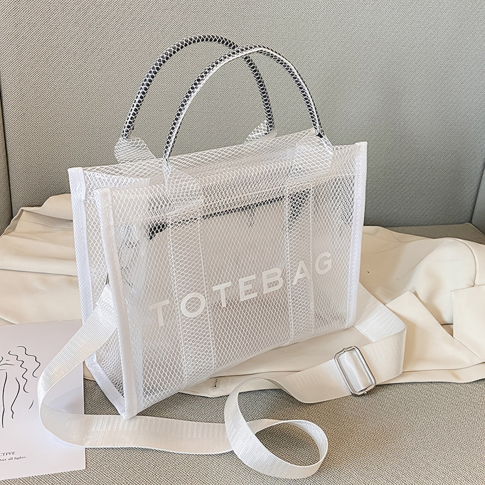 Stylish Transparent PVC Tote Bag with Crystal Detail – White Mesh Shoulder Handbag for Beach, Travel, and City Outings, City Shoulder Bag | Modern Handbag | Detachable Strap Bag