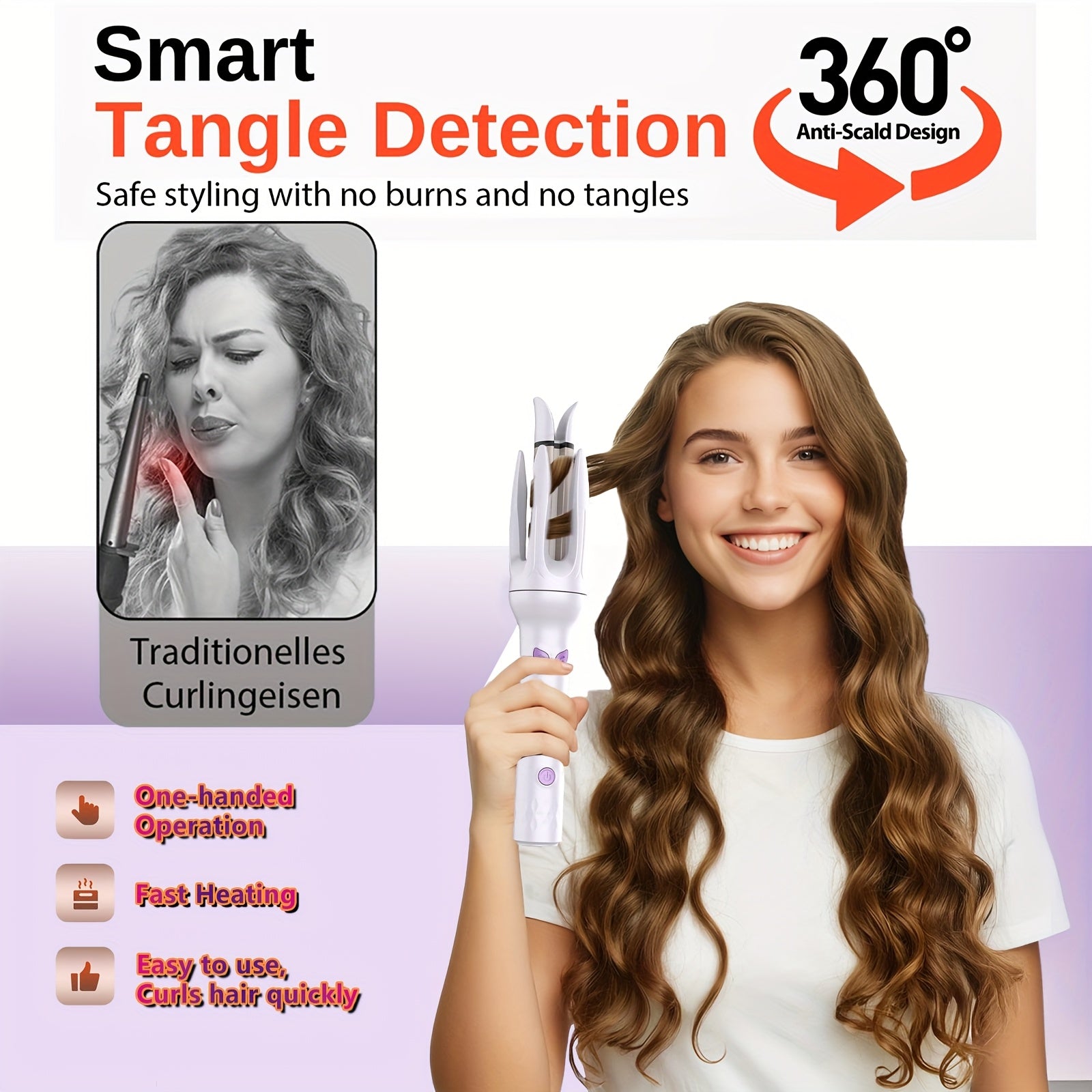 Auto Hair Curler with Rotation, 4 Heat Settings (300°-410°F) for All Hair Types, Automatic Curling Iron with Anti-Scald Shell & Dual Rotation for Beach Waves & Spiral Curls