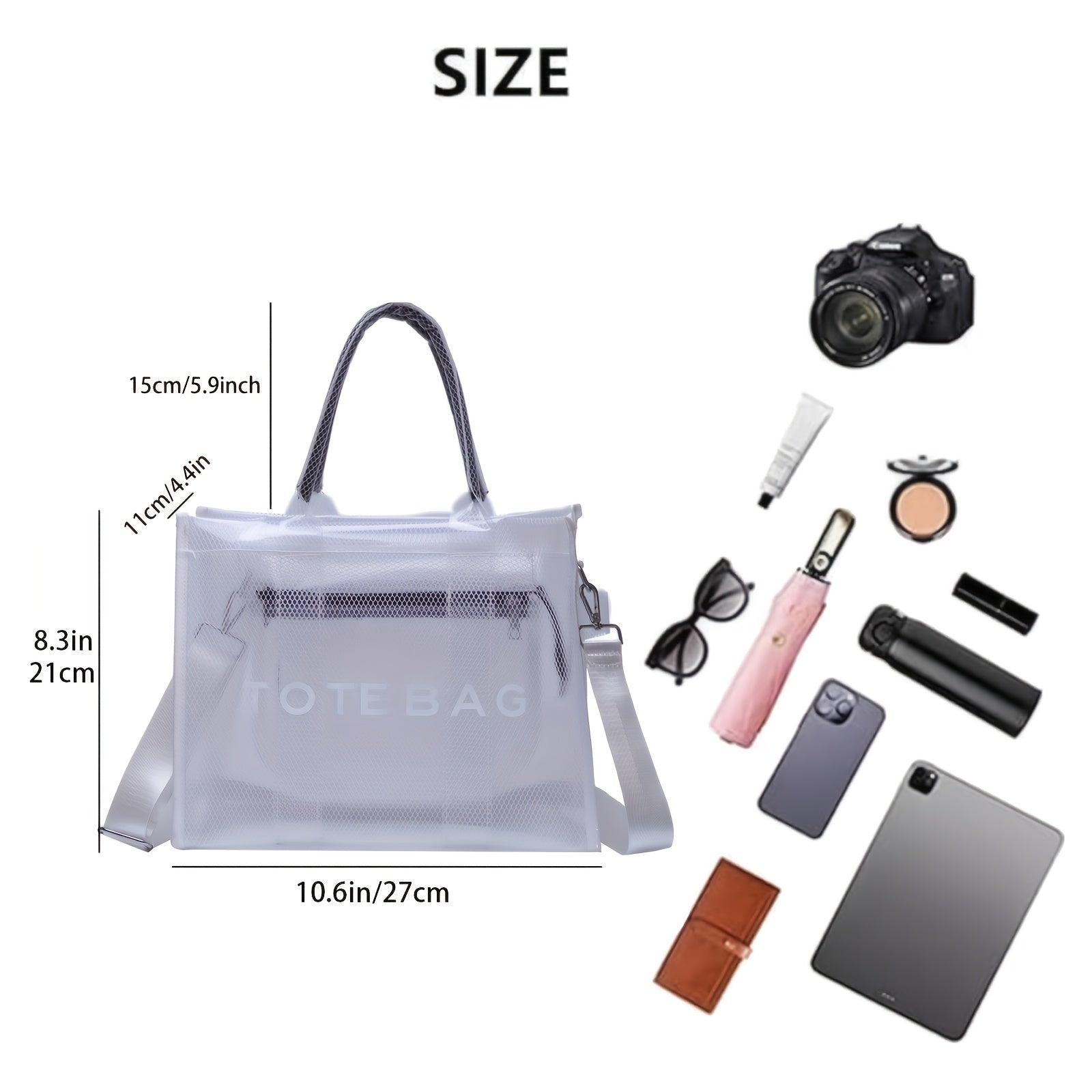 Stylish Transparent PVC Tote Bag with Crystal Detail – White Mesh Shoulder Handbag for Beach, Travel, and City Outings, City Shoulder Bag | Modern Handbag | Detachable Strap Bag