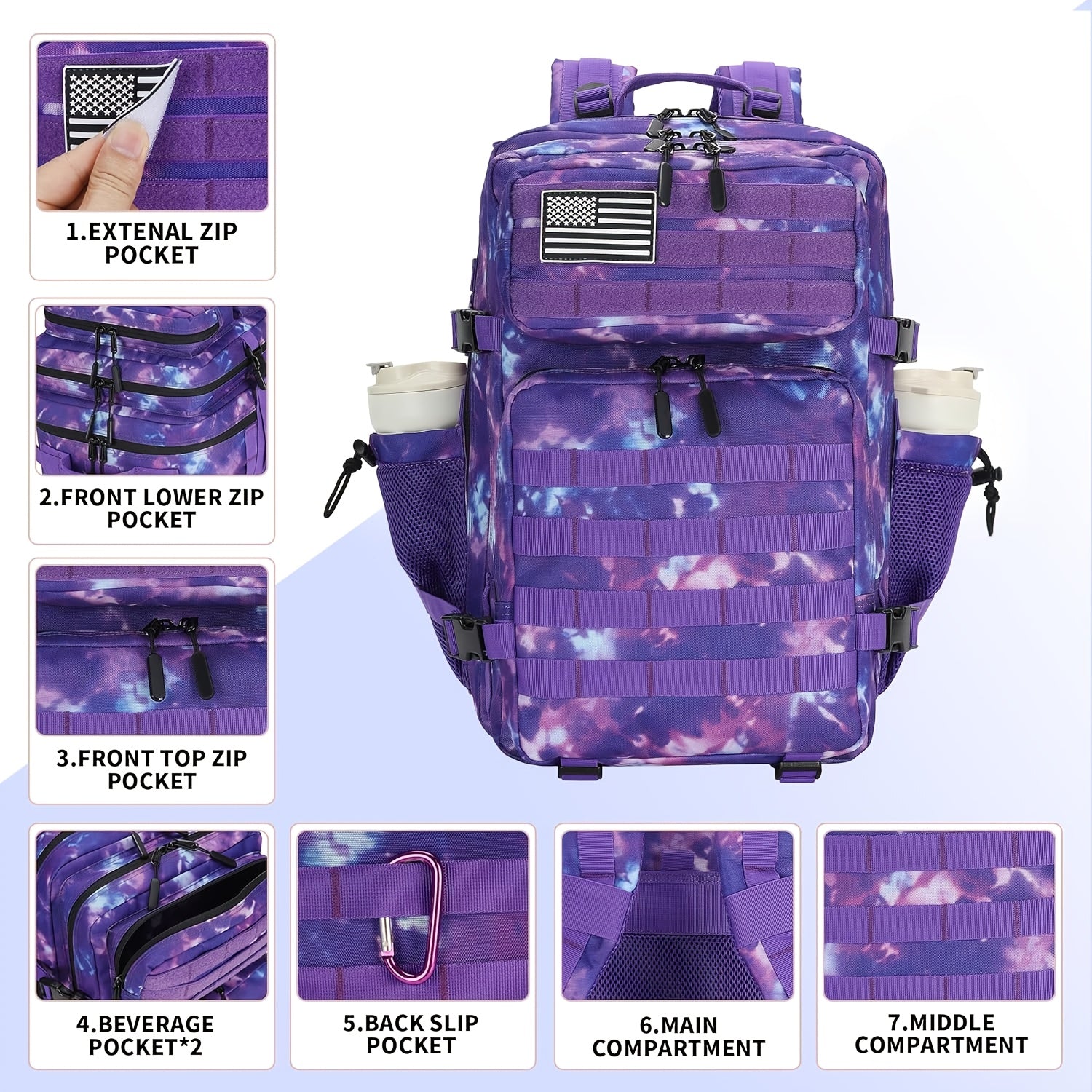 Military 45L Tactical Assault Backpack 3 day assault pack with Molle Waterproof backpack Purple Magic Color