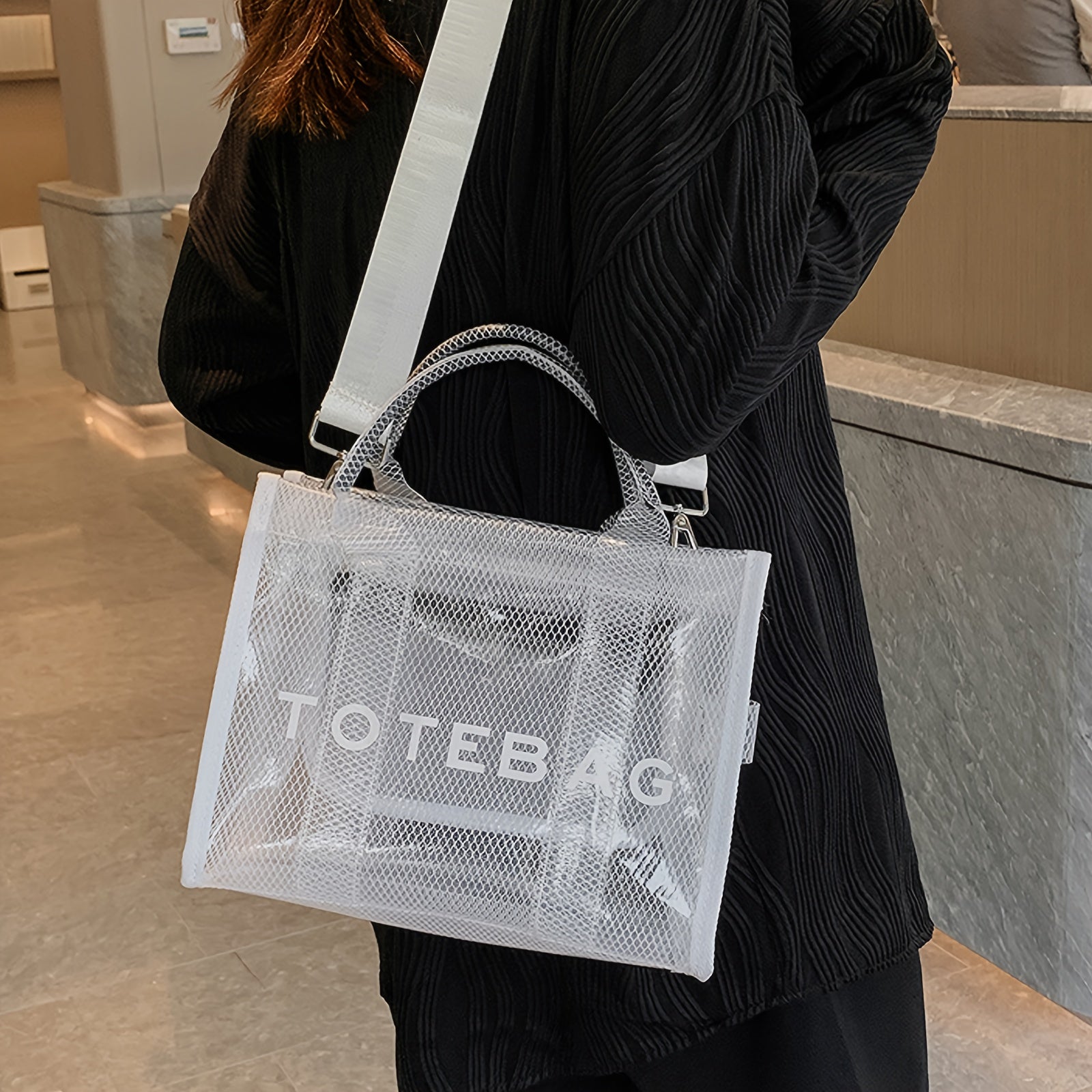 Stylish Transparent PVC Tote Bag with Crystal Detail – White Mesh Shoulder Handbag for Beach, Travel, and City Outings, City Shoulder Bag | Modern Handbag | Detachable Strap Bag