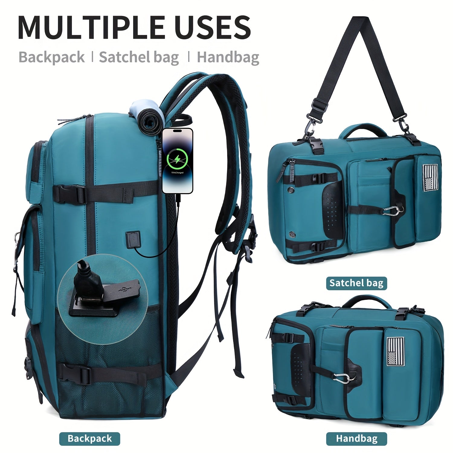 Lightweight Travel Backpack, Polyester Lining, Adjustable Straps, USB Charging, With Shoe Compartment, Zip Closure, Unisex Outdoor Camping Backpacks