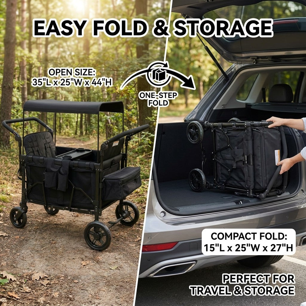 osmika folding cart shown in open and compact sizes with text indicating easy fold and storage features.