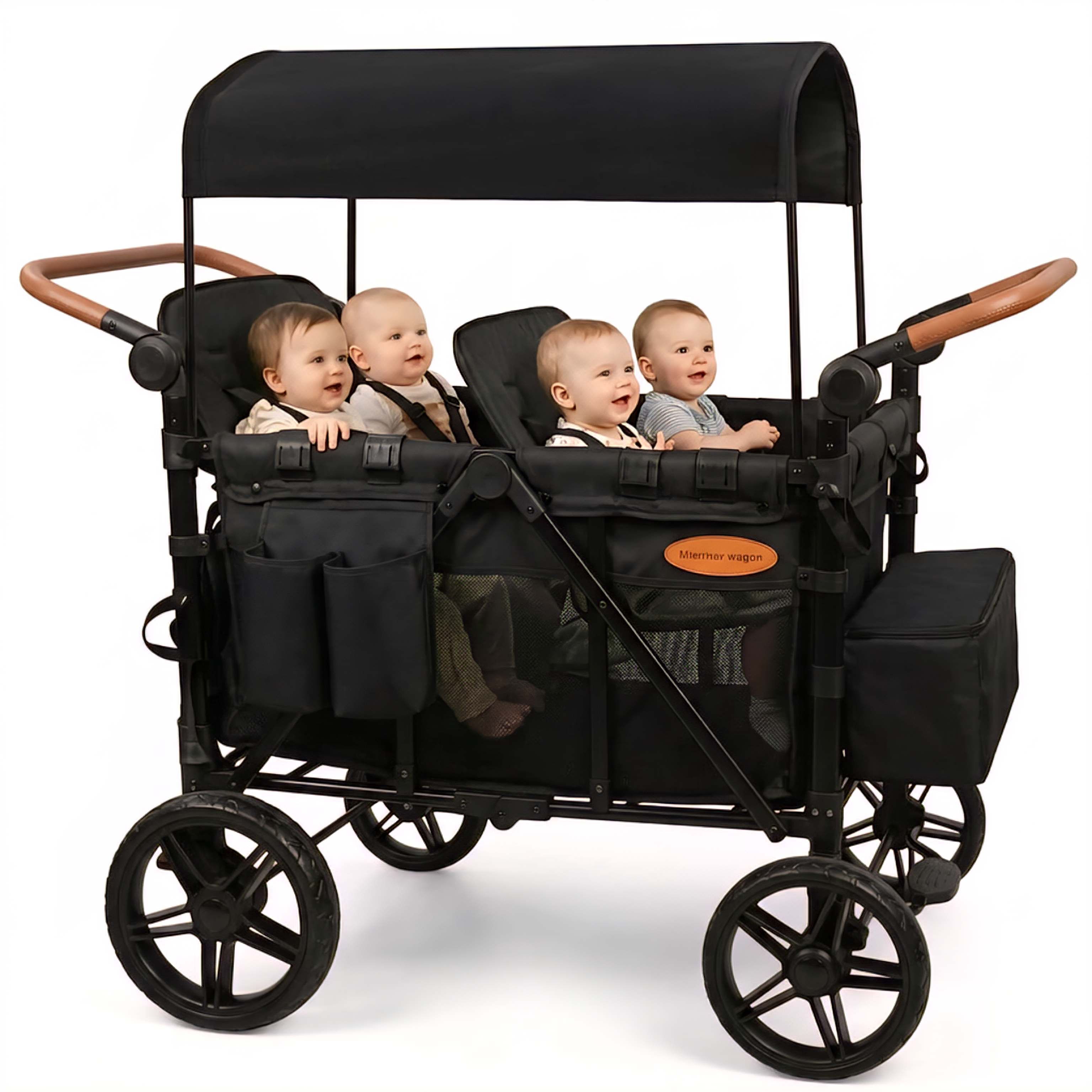 Forward seating mode — family pushing wagon forward along a sunny boardwalk