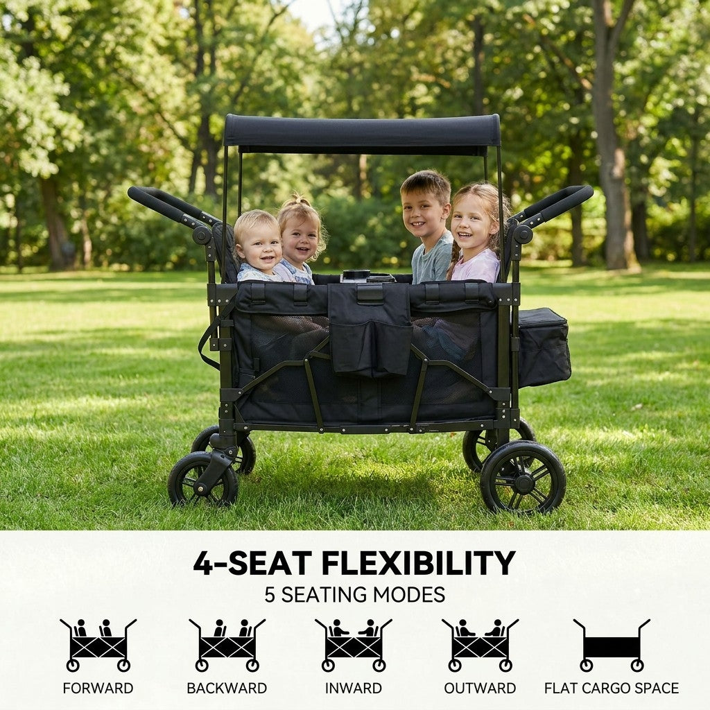 Osmika Black four-seat stroller with children in a park setting, featuring 4-seat flexibility text and icons.