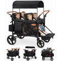 Osmika Black tandem stroller with multiple children sitting inside on a white background