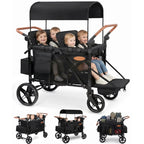 Osmika Black tandem stroller with multiple children sitting inside on a white background