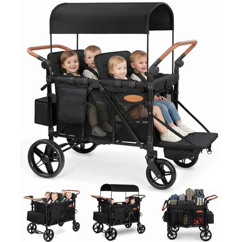 Osmika Black tandem stroller with multiple children sitting inside on a white background