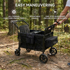 Black stroller with features highlighted in a forest setting