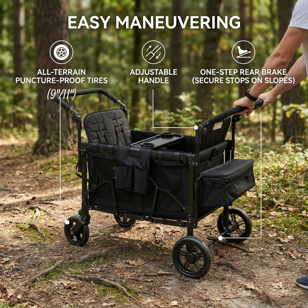 Black stroller with features highlighted in a forest setting