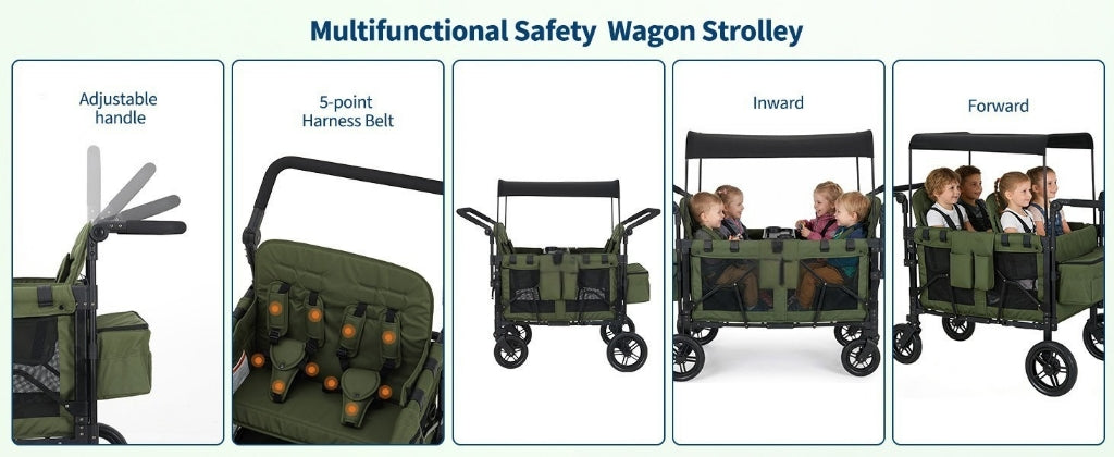 Multifunctional safety wagon stroller with various features and usage scenarios.