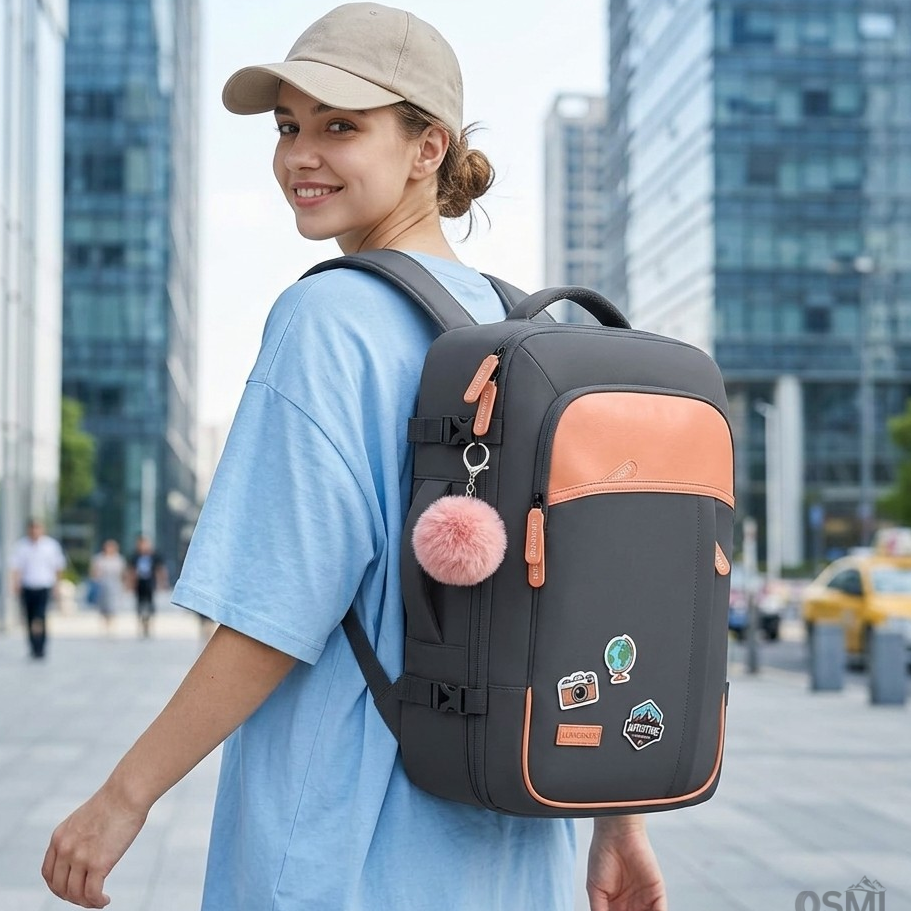 Person wearing a gray and pink backpack with cityscape background