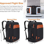 Black and orange travel backpack with size comparison and flight approval details.