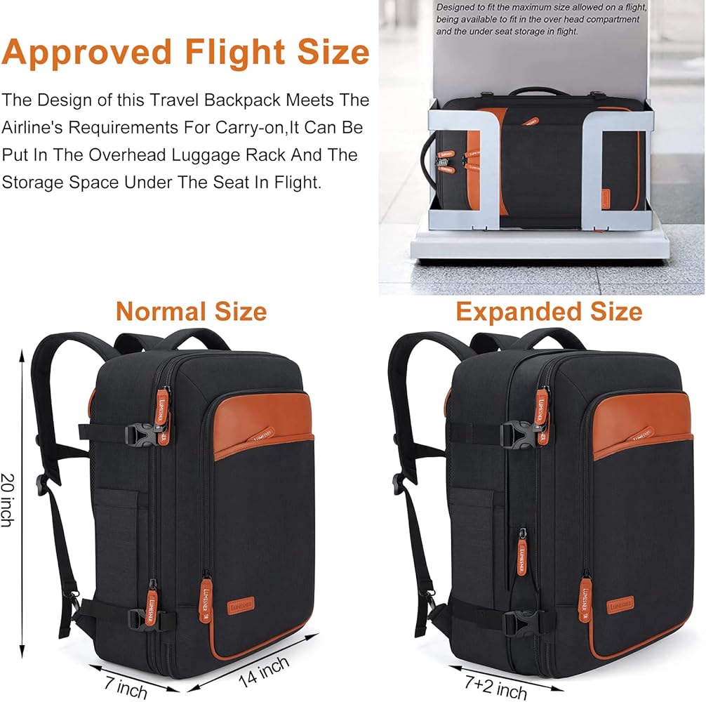 Black and orange travel backpack with size comparison and flight approval details.