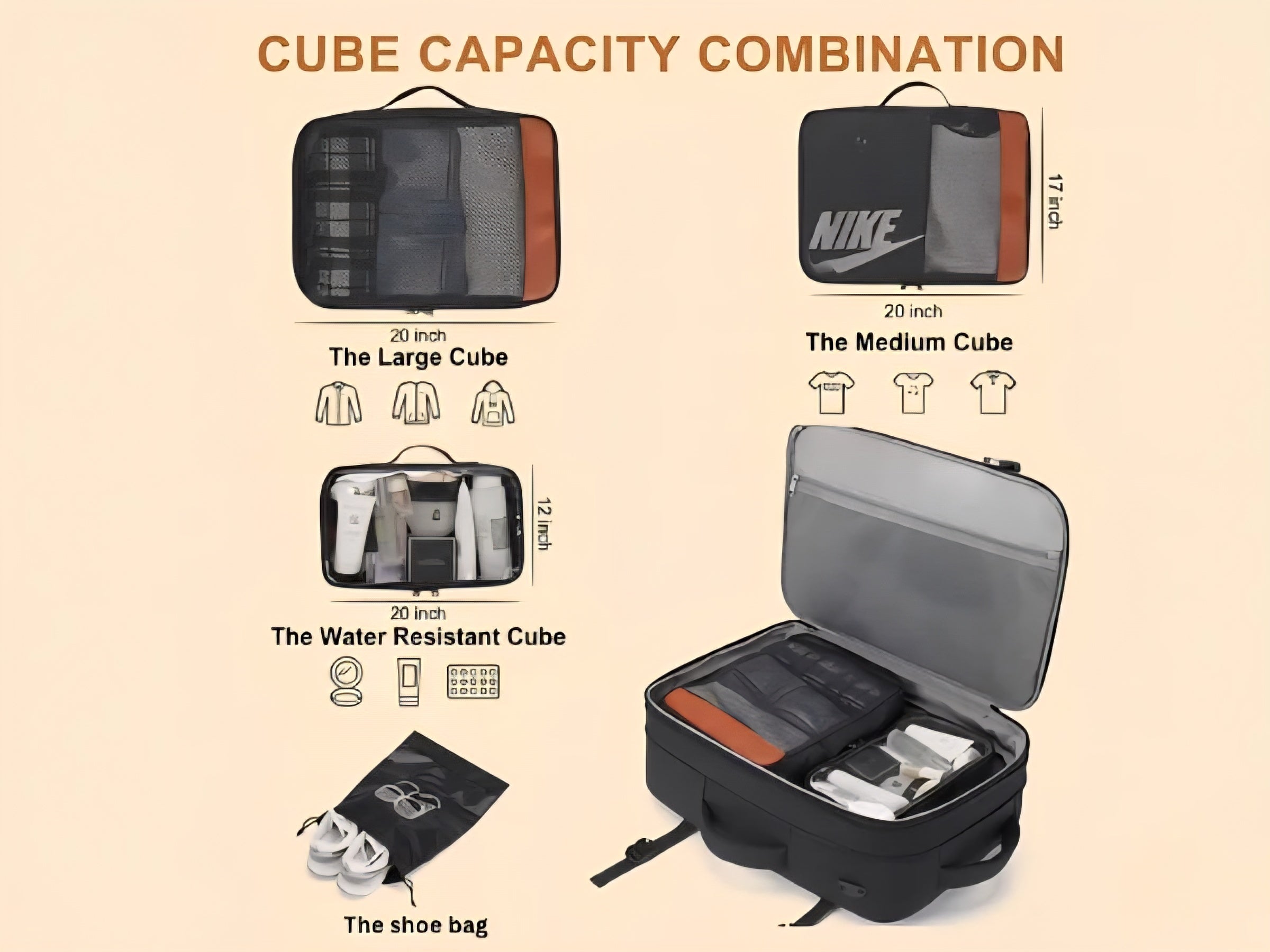 Cube capacity combination chart with various cube sizes and a shoe bag, featuring a Nike logo.