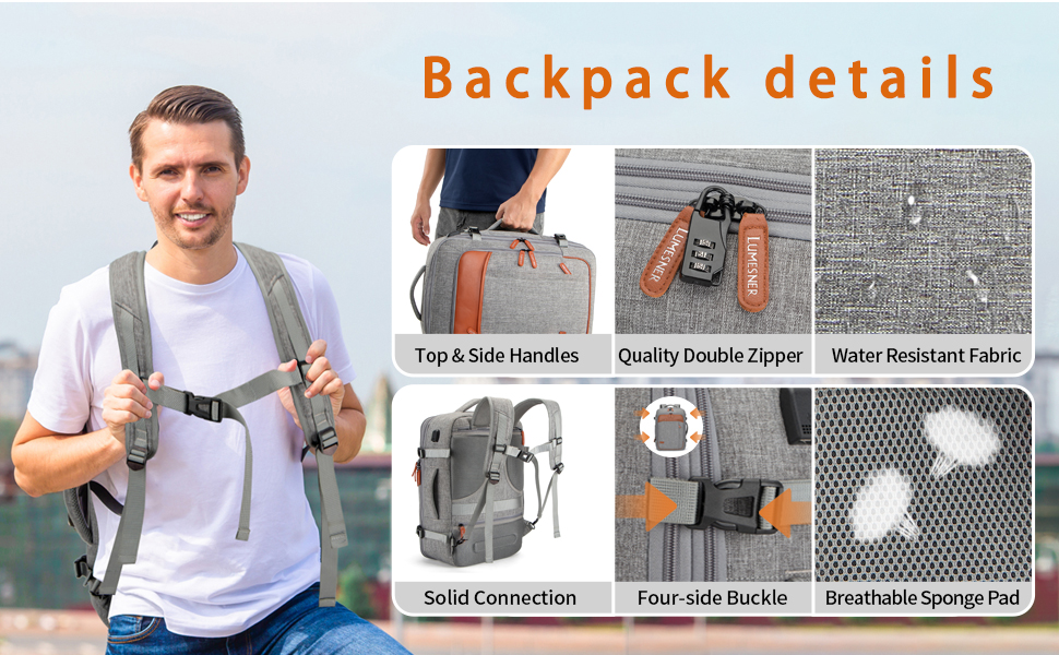 Man holding a backpack with detailed features shown on the right