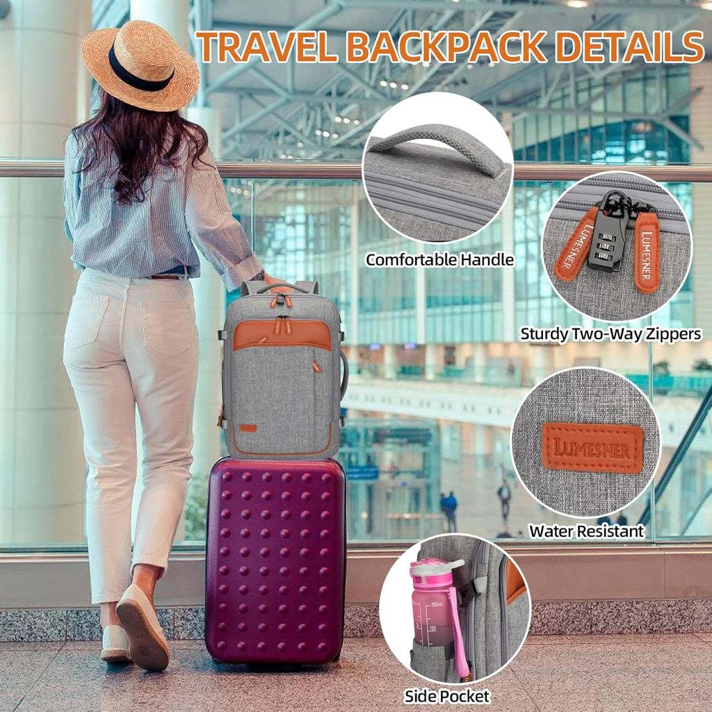 Woman with travel backpack and suitcase in an airport, highlighting features like comfortable handle, sturdiness, water resistance, and side pocket.