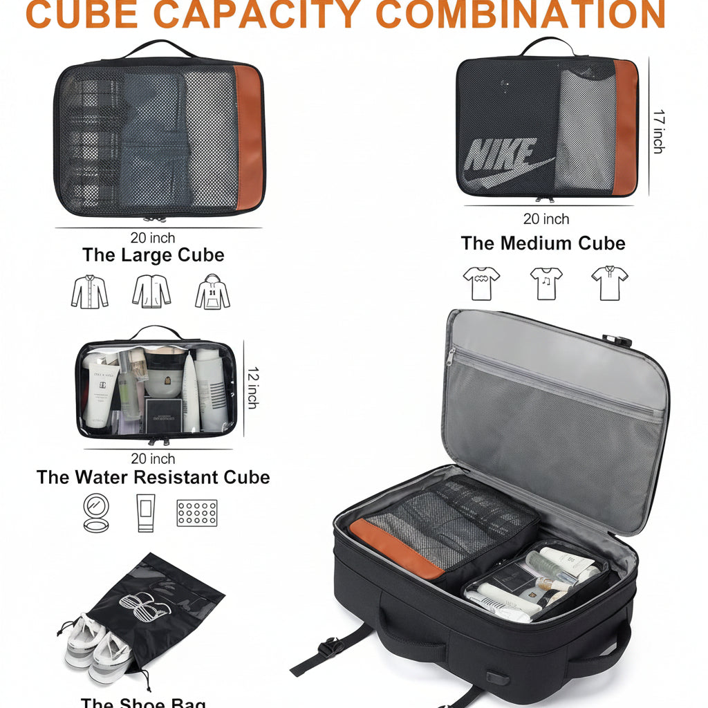 Cube capacity combination chart with various cube sizes and a shoe bag, featuring a Nike logo.