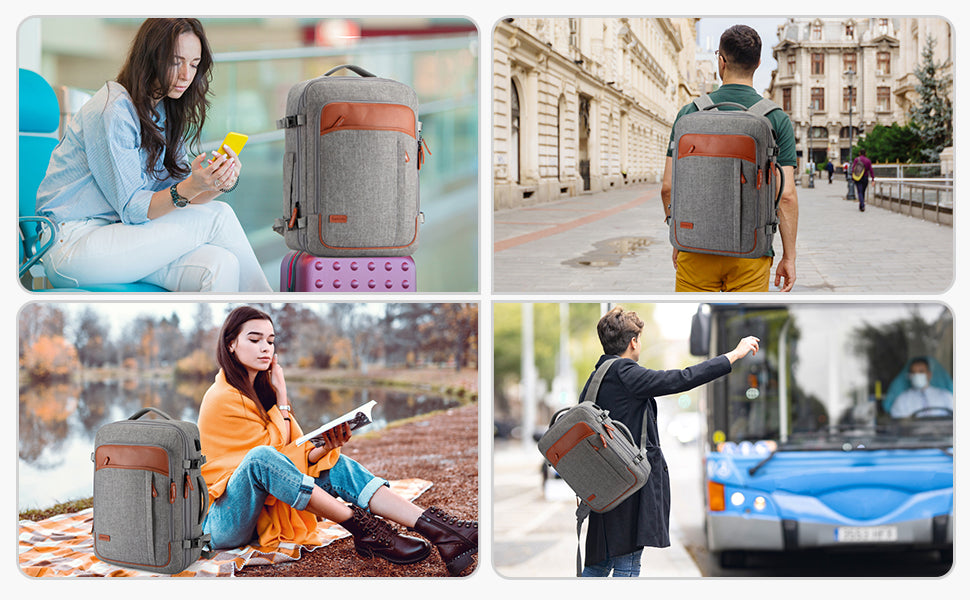 Collage of people using a gray backpack with orange accents in various settings.