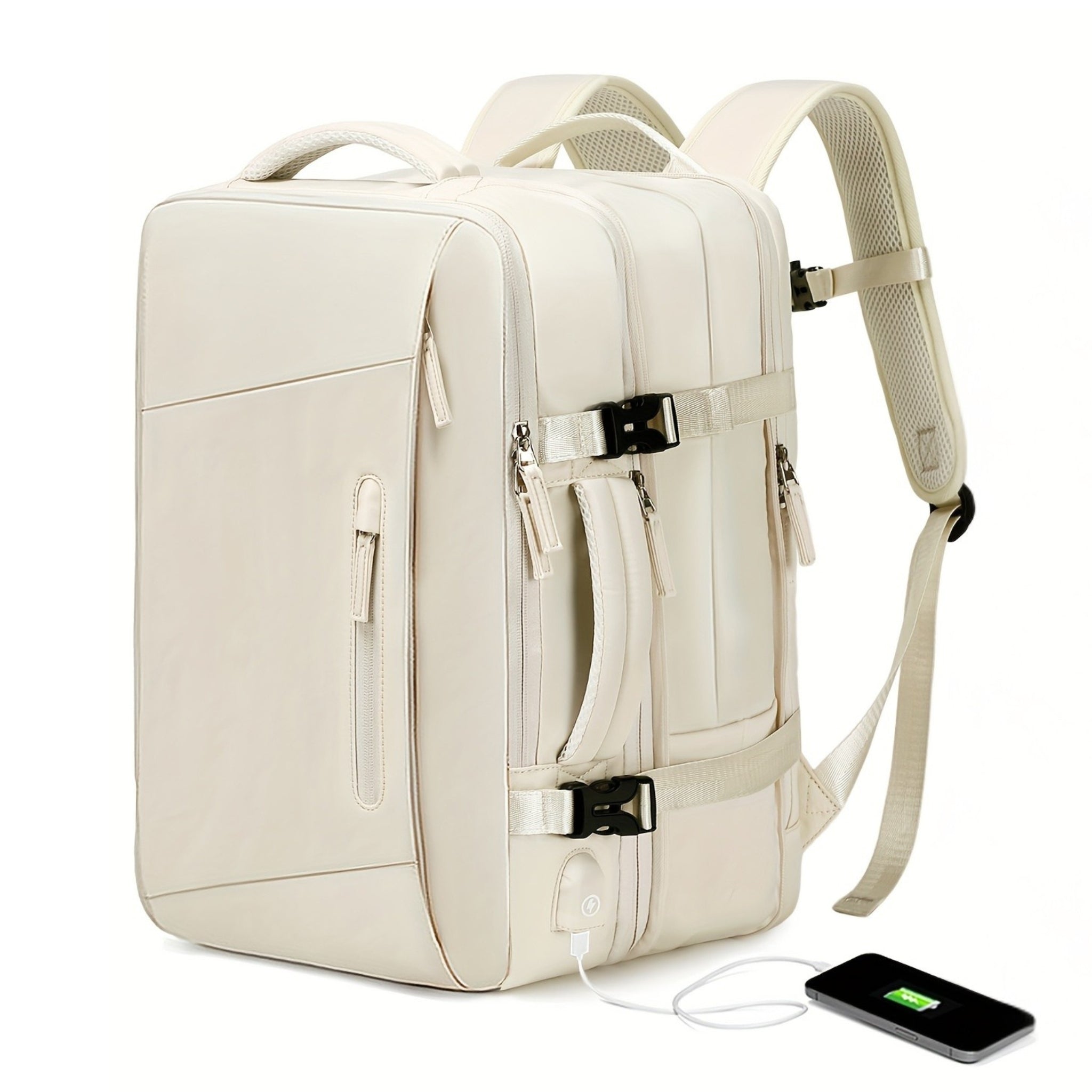Beige expandable backpack with multiple compartments and a phone on a white background