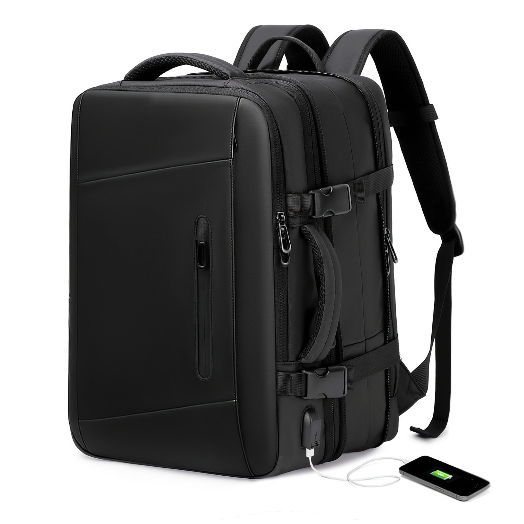 Osmika Black expansion backpack with additional compartments and accessories on a white background