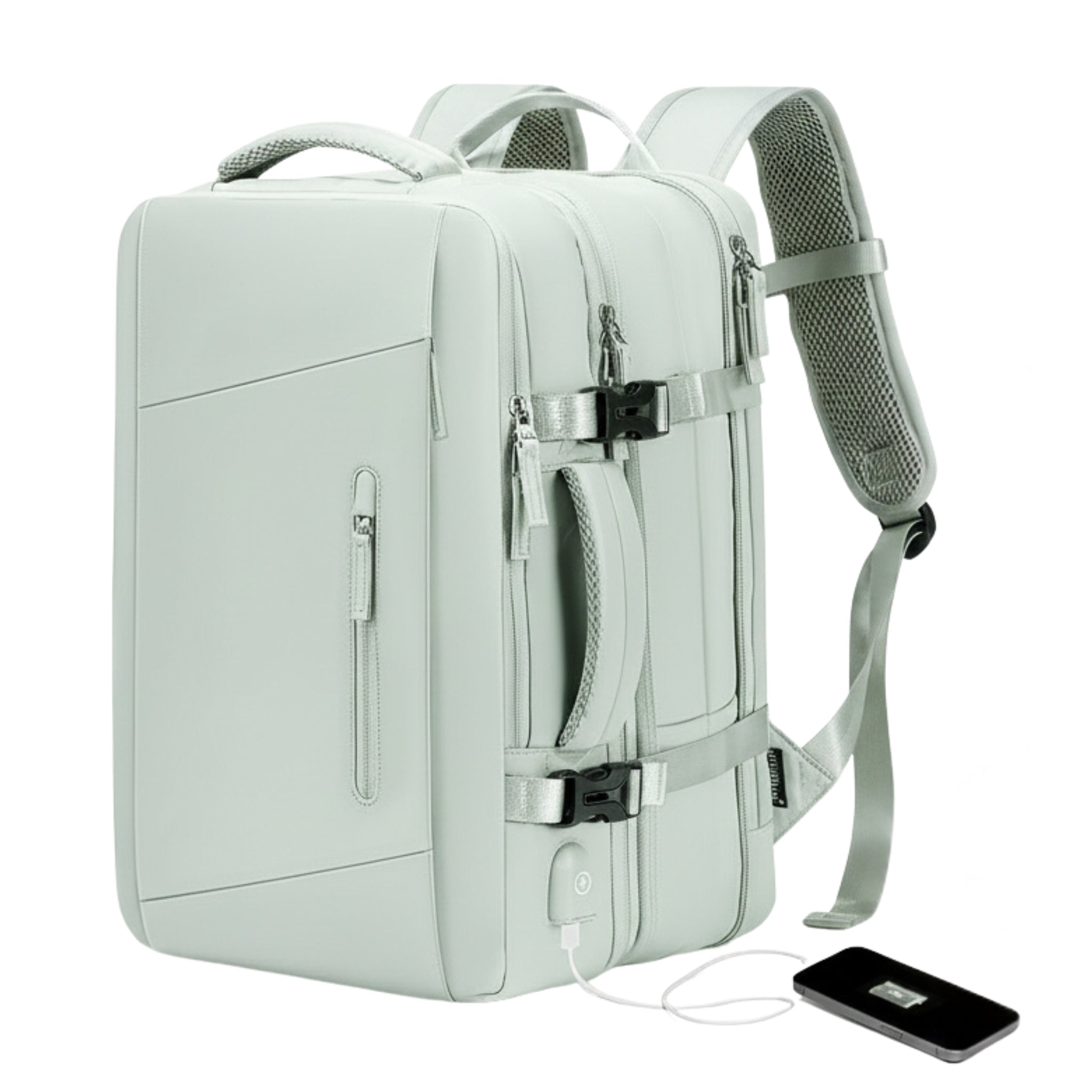 Expandable backpack with multiple views on a white background