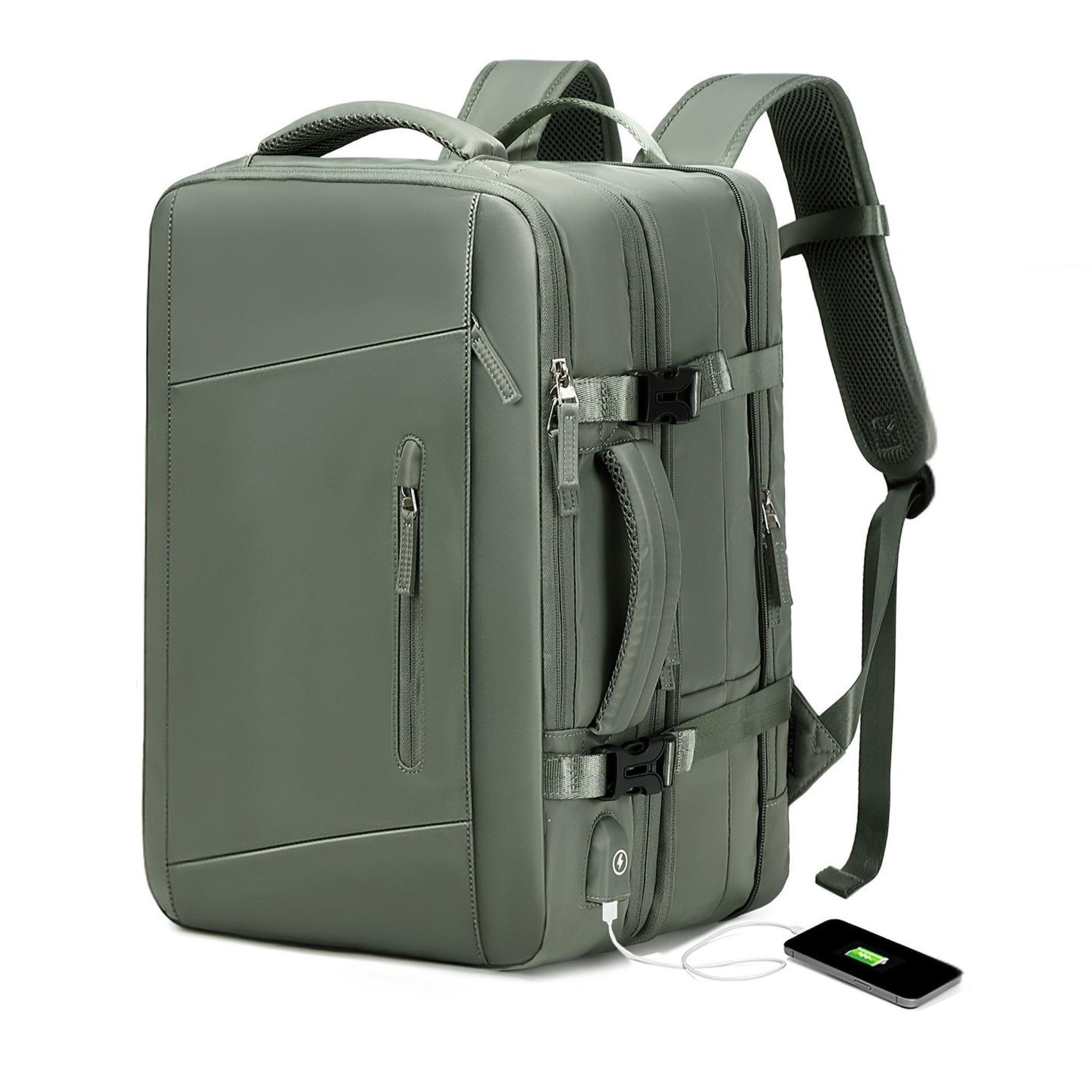 Green expandable backpack with multiple views on a white background