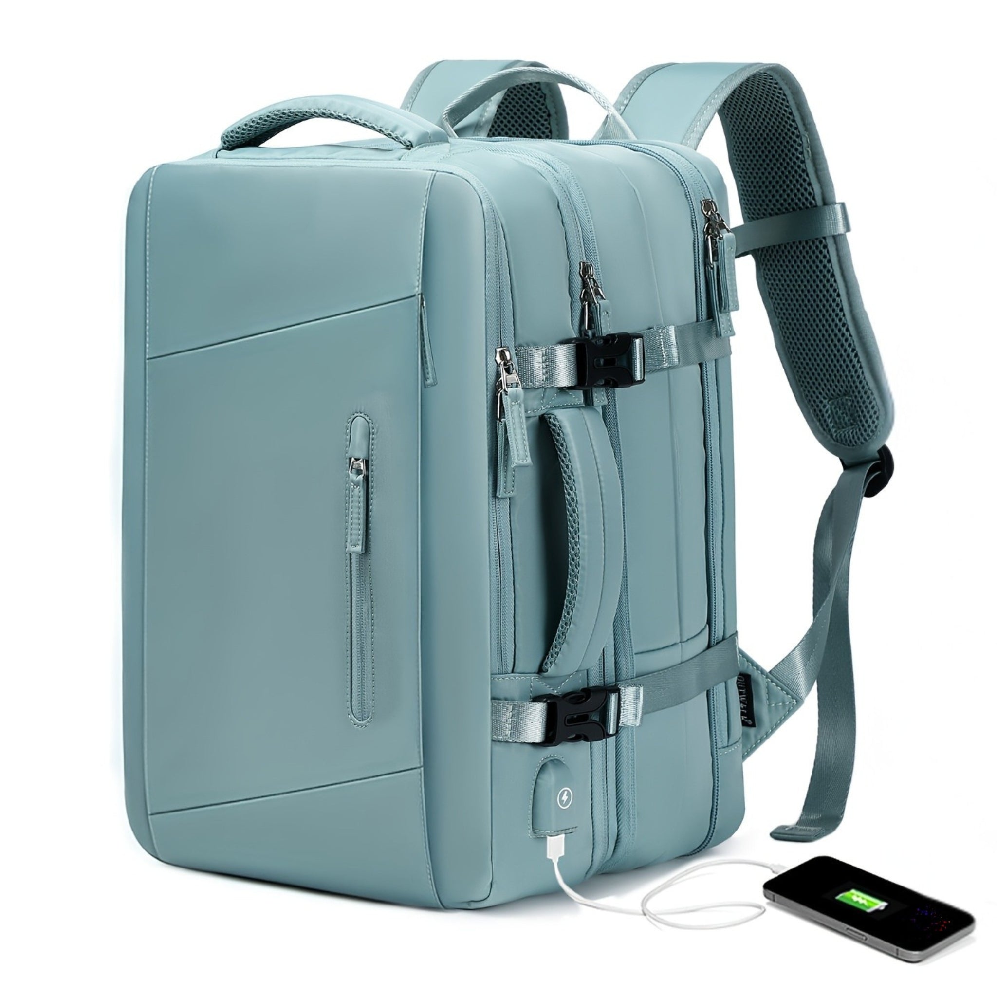 Expandable light blue backpack with multiple compartments and a phone charging cable, on a white background.