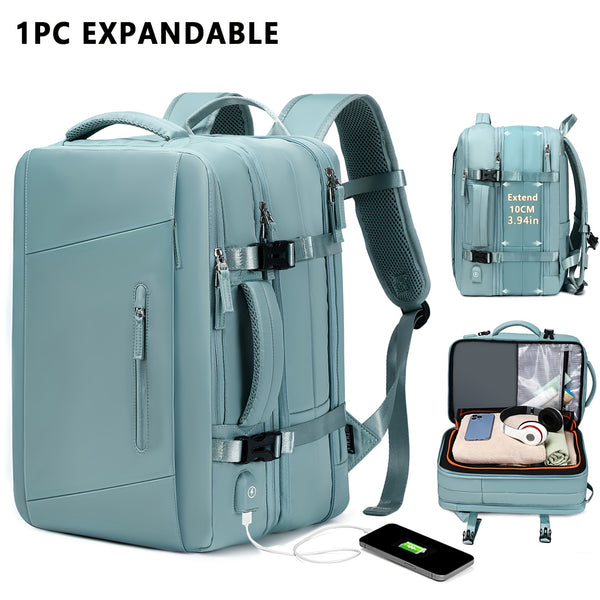 Expandable light blue backpack with multiple compartments and a phone charging cable, on a white background.