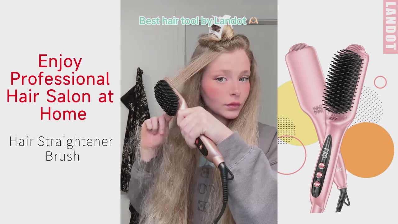 Hair Straightener Brush: Ceramic Negative Ionic Hot Brush for Straightening Smoothing Hair - Reduce Frizz 30s Fast Heating Dual Voltage