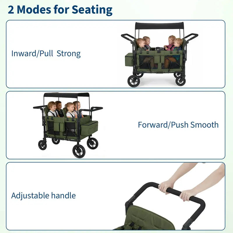 Green wagon with children in it, showing two modes of seating and an adjustable handle.