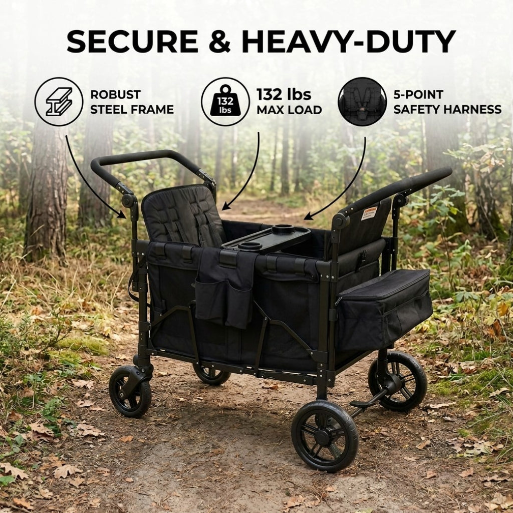 Black heavy-duty stroller with features highlighted on a forest path background