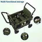 Green multi-functional storage cart with various compartments on a white background